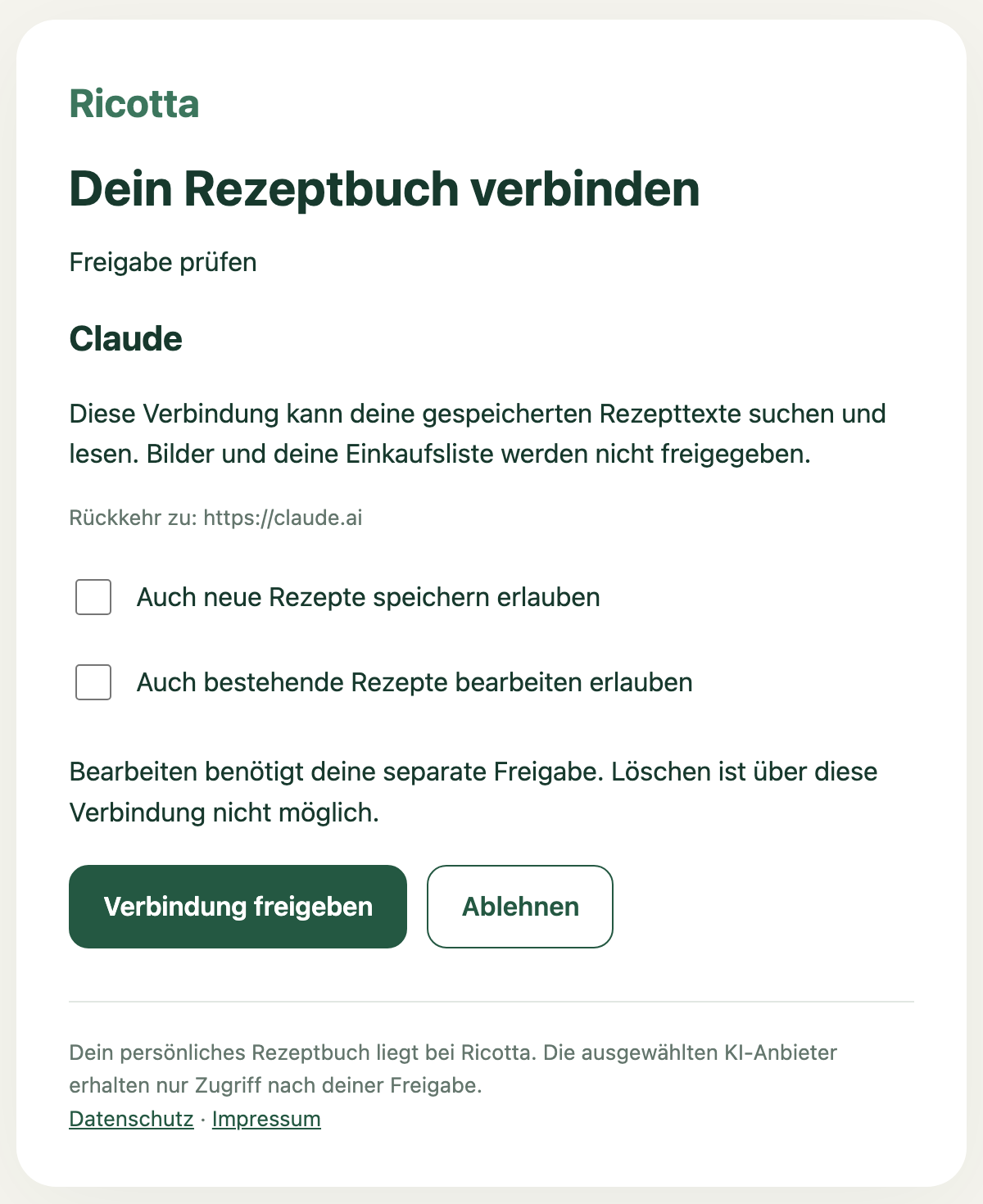 Die Ricotta-Seite mit den Haken und dem Knopf „Verbindung freigeben“