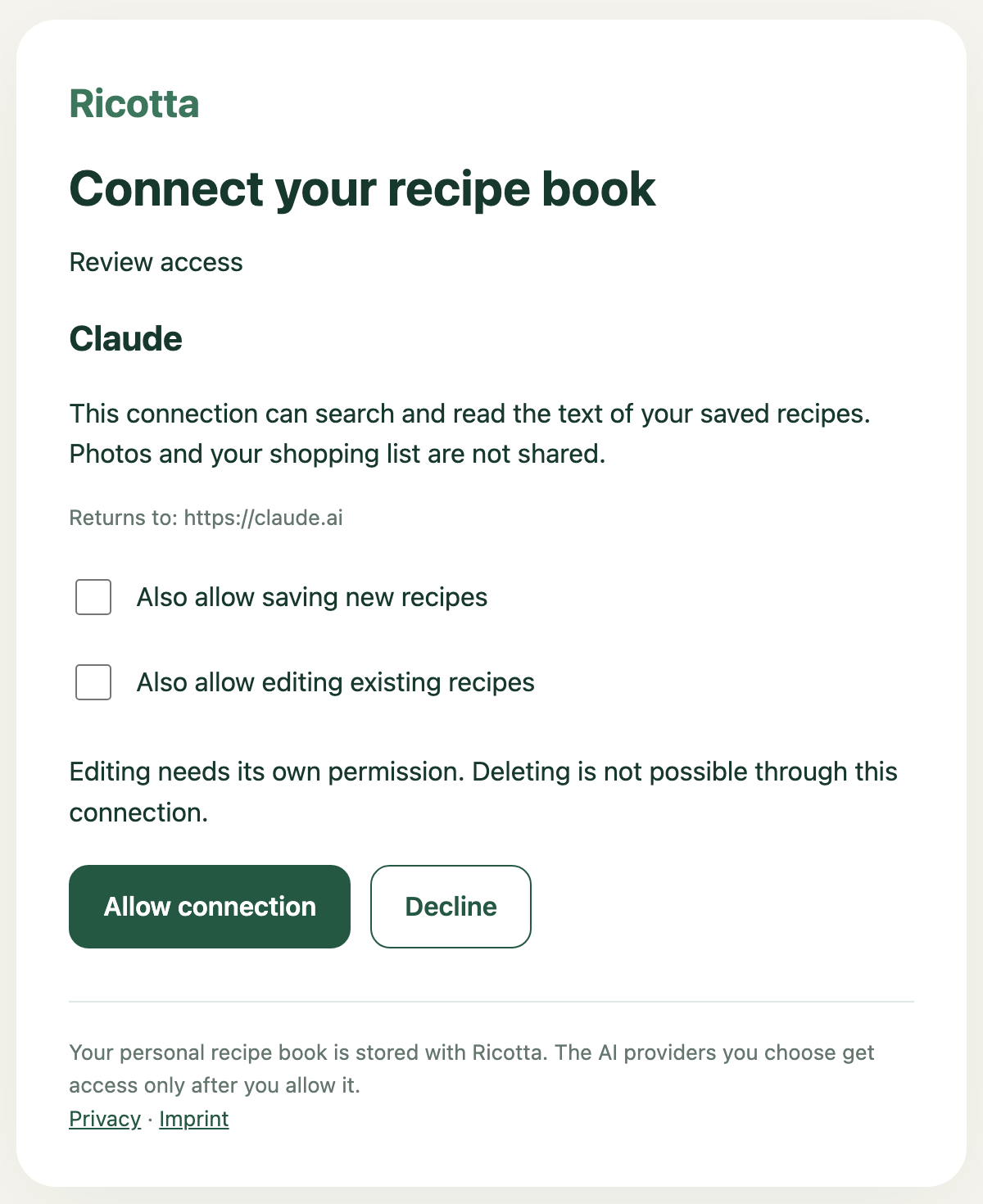 The Ricotta page with the choices and the “Allow connection” button